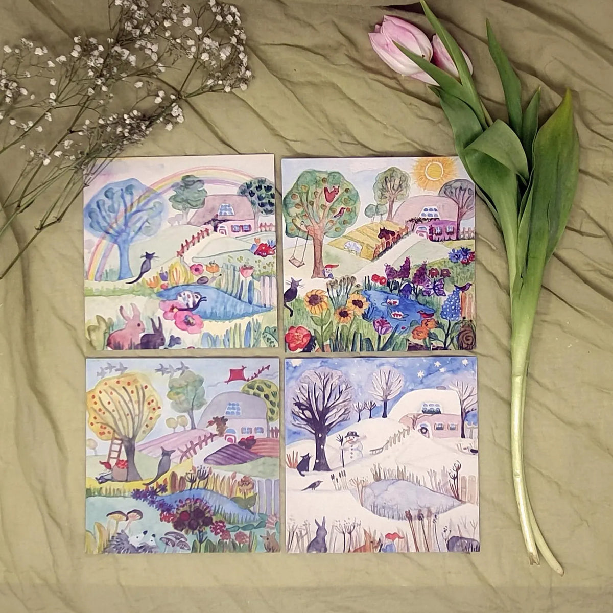 Jahreszeitenkarten Set – Frühling Sommer Herbst Winter | Aquarellkarten für Jahreszeitentisch & Kinderzimmer | Naturlernen mit Kindern